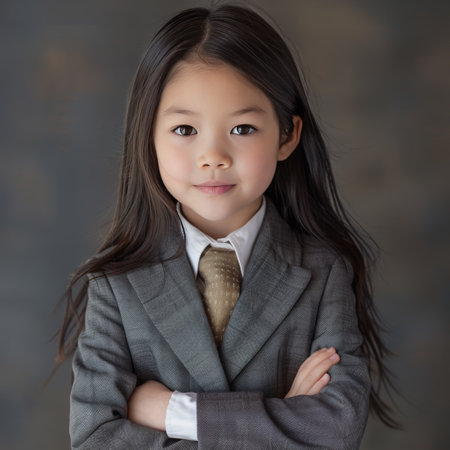 portrait of little asian girl in business suit looking at cameraの素材