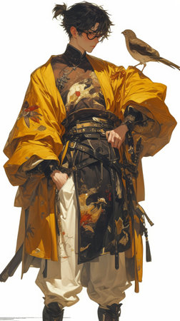 Kung fu master with a bird in his hand on a white backgroundの素材