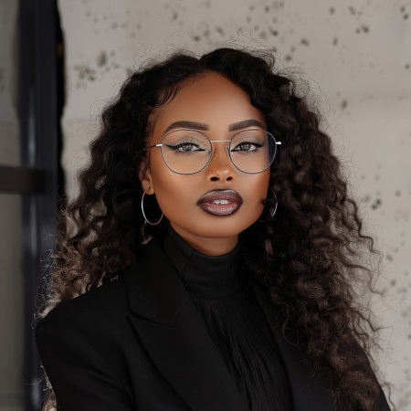 Portrait of a beautiful african american woman with curly hair and glassesの素材