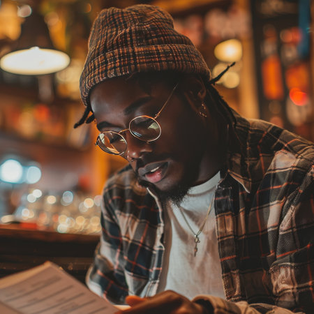 Young african american man in hipster hat and glasses reading a book in cafe.の素材