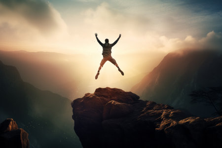 Silhouette of a man jumping on the edge of a cliffの素材
