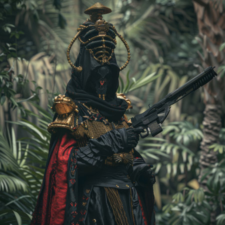 Samurai in the jungle with a gun in his hand. Vintage style.の素材