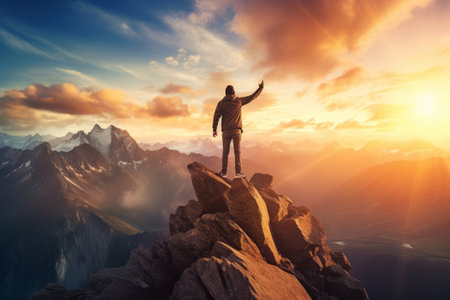 Man standing on top of a mountain and looking at the sunset.の素材