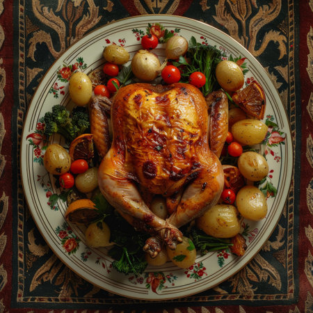 Whole roasted chicken with potatoes, tomatoes and herbs on vintage backgroundの素材