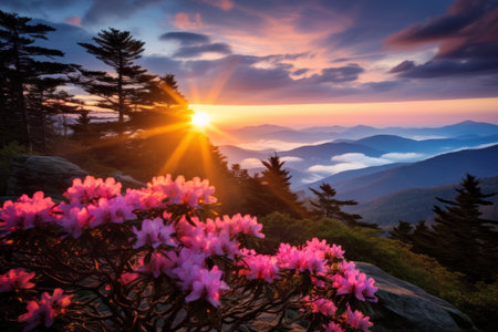 Pink rhododendron flowers on top of mountain at sunriseの素材