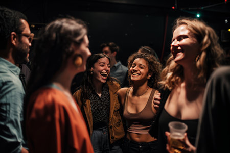 Group of young people having fun and dancing in a pub or club.の素材