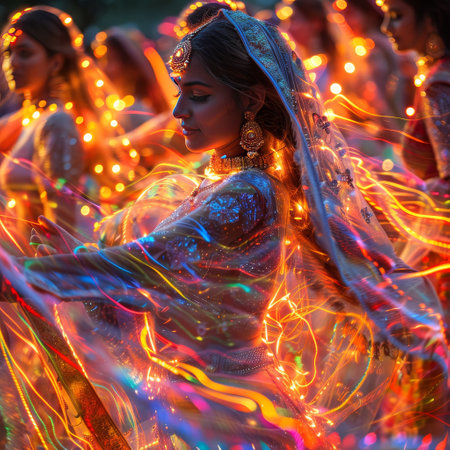 Beautiful young woman in traditional indian dress dancing at night party.の素材