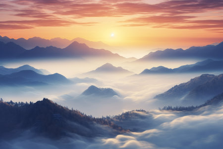 Foggy sunrise over the mountains. Landscape with clouds and sunの素材