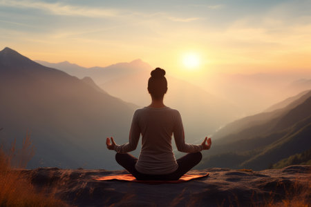 Woman meditating in lotus pose on top of mountain at sunsetの素材
