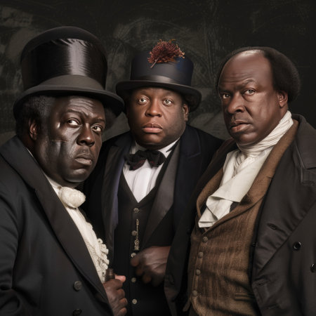 Three African American men in classic suits. Studio shot over dark background.の素材