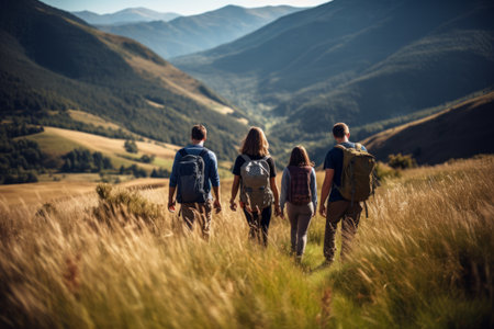 Back view of group of friends with backpacks walking in the mountainsの素材