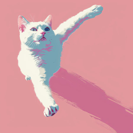 Cute white cat jumping on pink background. Vector Illustration.の素材