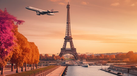 The Eiffel Tower and plane in Paris at sunset, Franceの素材