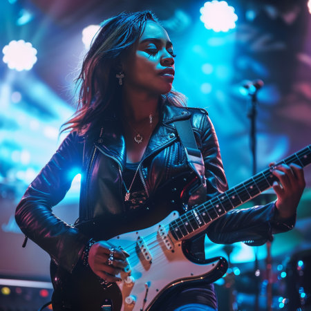 Beautiful young woman playing the electric guitar on stage. Music concept.の素材