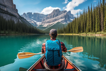 Rear view of a man paddling a canoe on Lake Louise in Banff National Park, Alberta, Canadaの素材