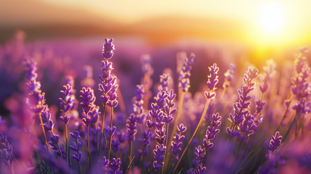 Lavender flowers blooming in a lavender field at sunsetの素材