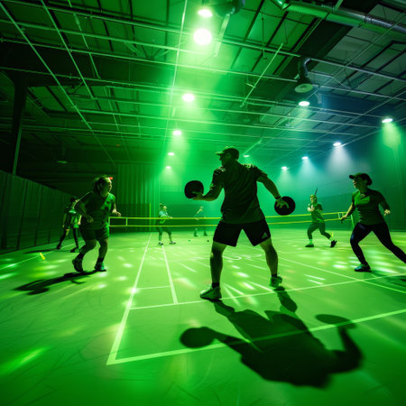 Silhouettes of people playing handball in the dark gym.の素材