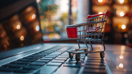 Shopping cart on the keyboard of a laptop. Online shopping conceptの素材