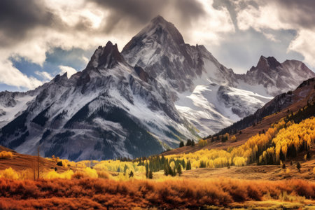Colorful autumn alpine landscape with snow-capped mountains in backgroundの素材