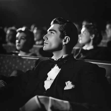 Handsome young man in black suit sitting in cinema hall and looking awayの素材
