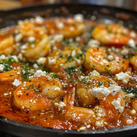 Seafood in sauce with feta cheese and parsley close upの素材
