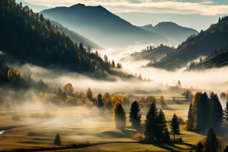 Foggy morning in the mountains. Autumn landscape with fog.の素材