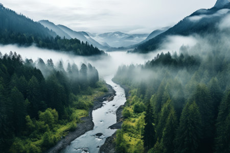 Aerial view of a mountain river flowing through the foggy forestの素材