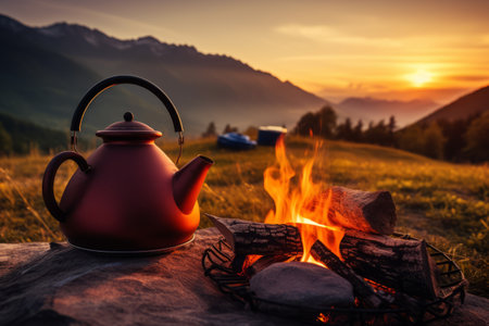Kettle near campfire on the background of mountains at sunset.の素材
