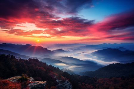 Colorful sunrise in the mountains landscape with foggy valley and sunの素材