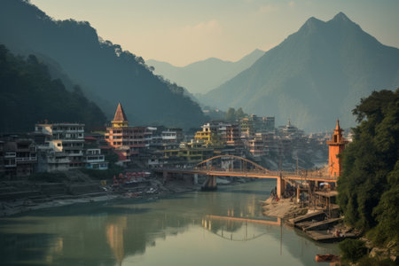 The old bridge over the river and the city of Kathmandu in Nepalの素材