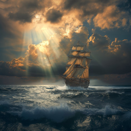 Sailing ship in the sea with rays of light coming through the cloudsの素材