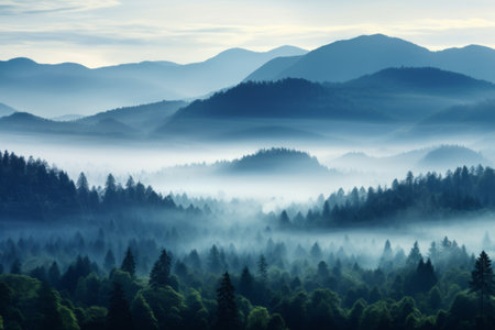 Foggy morning in the mountains. Beautiful landscape with foggy forest.の素材