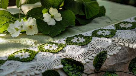 White flowers and green leaves on a tablecloth. Close-up.の素材