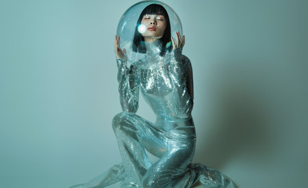 Fashion portrait of a beautiful woman in a silver dress with a transparent bubbleの素材