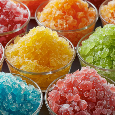 Variety of colorful candied fruits in glass bowls. Shallow dof.の素材