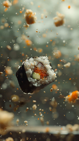 sushi flying in the air on a blurred background. close-upの素材