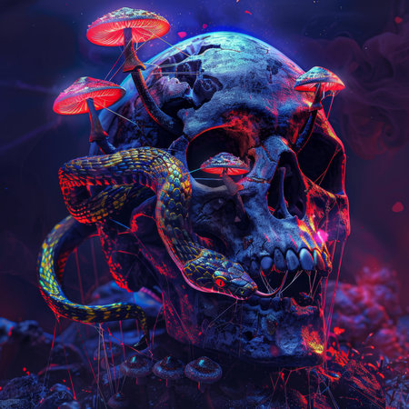 Skull with snakes on the background of the planet. 3d illustrationの素材