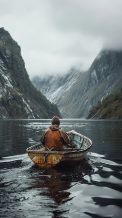 Fisherman in a boat on the fjord in Norwayの素材