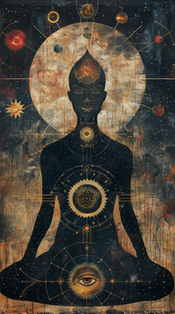 Mystical geometry. Woman in the lotus position on the background of the moon and stars.の素材