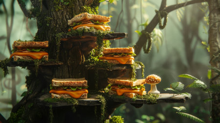 Sandwiches on a tree in a forest. Selective focus.の素材