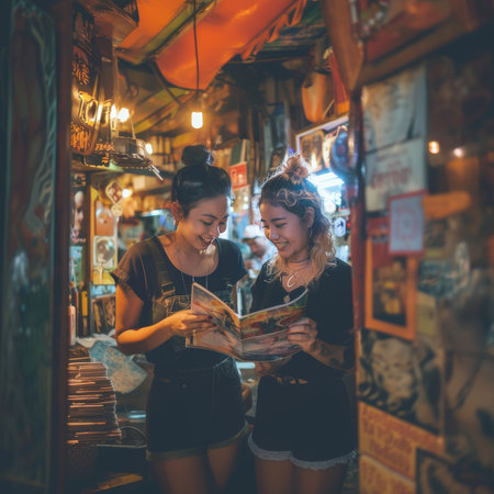 Unidentified tourists are reading the menu in the night market.の素材