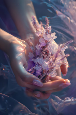 Beautiful woman hands with purple manicure holding bouquet of flowersの素材