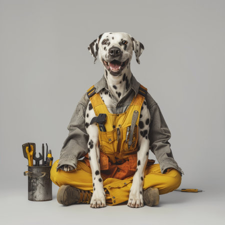 Dalmatian dog sitting on the floor with tools over grey backgroundの素材