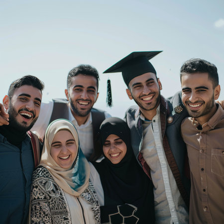 group of happy students in graduation caps looking at camera and smiling outdoorsの素材