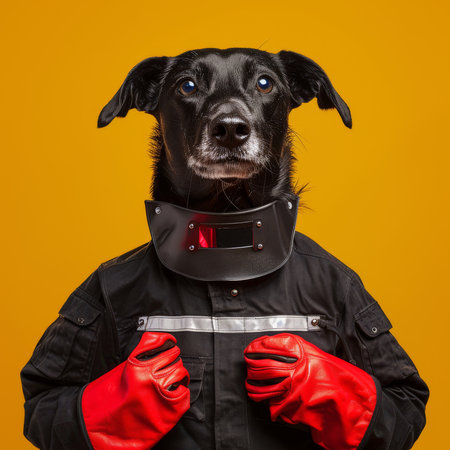 Black dog in a black jacket with a helmet and gloves on a yellow backgroundの素材