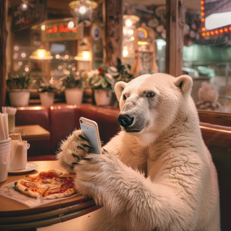 Polar bear eating pizza and using mobile phone in a restaurant.の素材