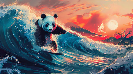 Panda surfing on a wave at sunset. 3D illustration.の素材