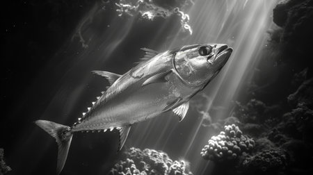 Tuna fish swimming in the water. Black and white photo.の素材