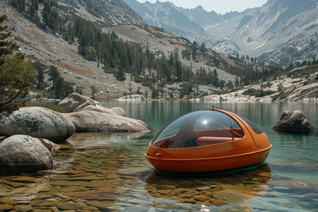 Boat on the shore of a lake in the Dolomitesの素材