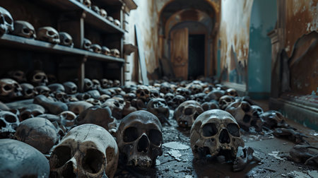 Skulls in the old abandoned house. Halloween concept. 3D Renderingの素材